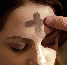 This graphic shows a young woman's face.  She has her eyes closed.  On her forehead, a pastor is smearing ashes on her forehead in the shape of a cross.